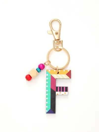 Women Fashion Multicolor Wooden Beads 26 Alphabet Keychain