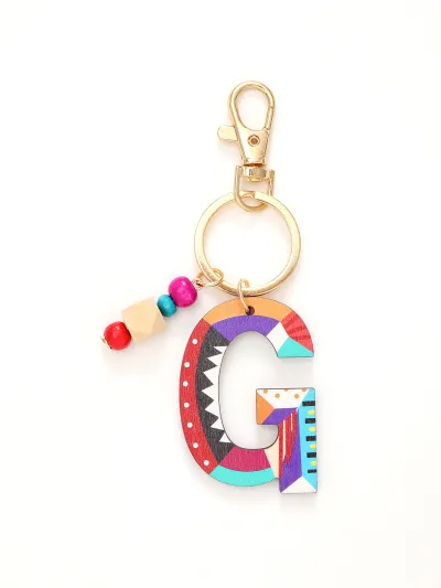 Women Fashion Multicolor Wooden Beads 26 Alphabet Keychain
