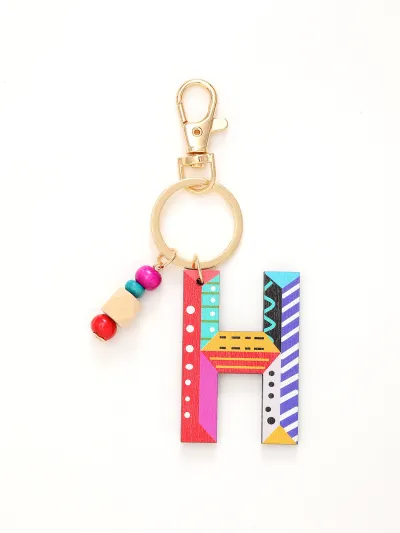 Women Fashion Multicolor Wooden Beads 26 Alphabet Keychain