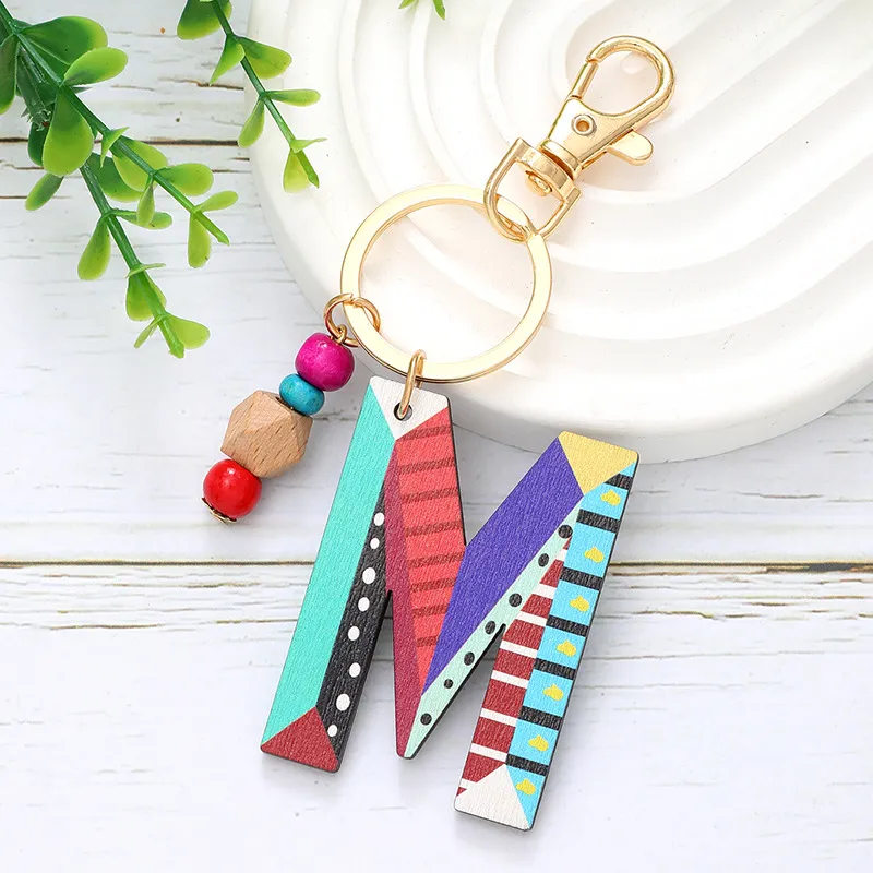 Women Fashion Multicolor Wooden Beads 26 Alphabet Keychain