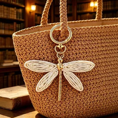 Women Fashion Handmade Rafi Grass Woven Dragonfly Keychain