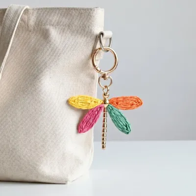 Women Fashion Handmade Rafi Grass Woven Dragonfly Keychain