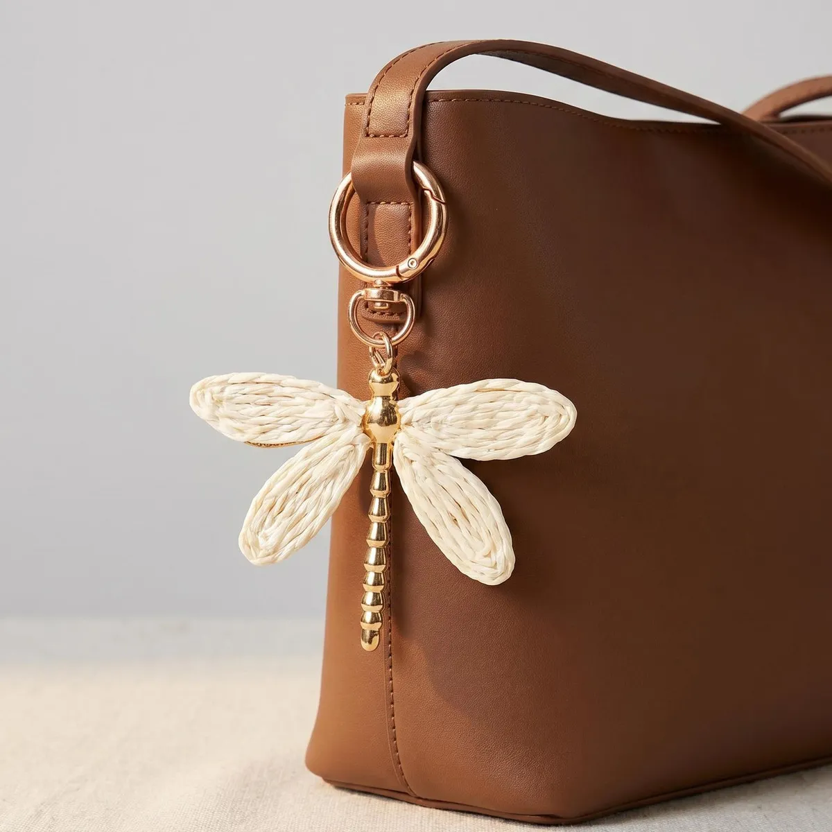 Women Fashion Handmade Rafi Grass Woven Dragonfly Keychain