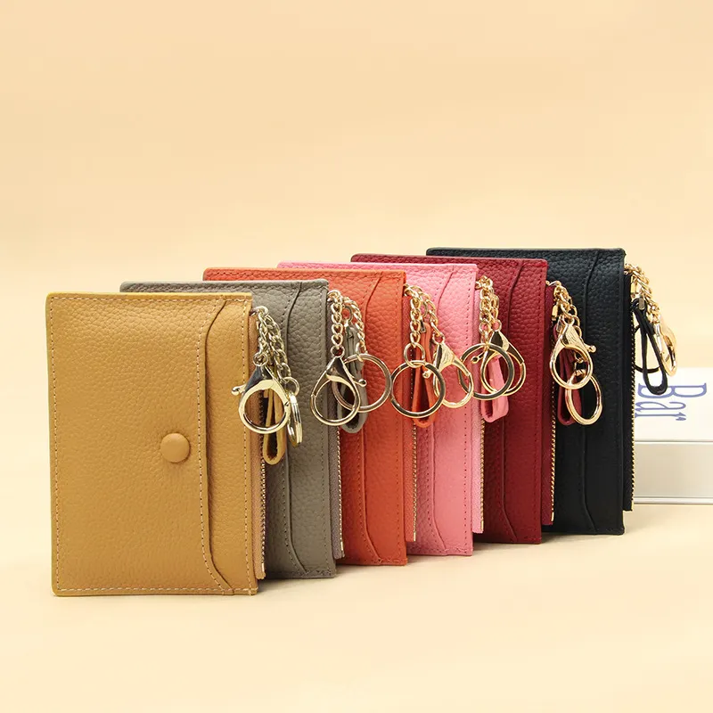 Women Fashion Simple Solid Color Genuine Leather Card Holder Zipper Small Wallet
