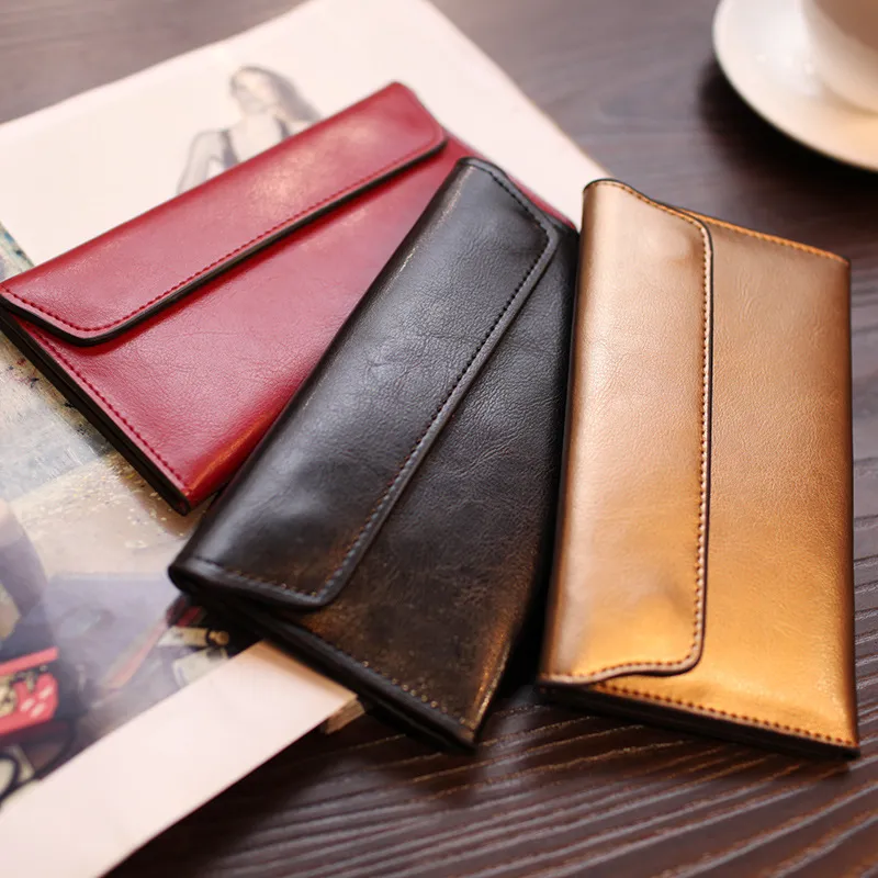 Women Fashion Simple Solid Color Genuine Leather Long Wallet