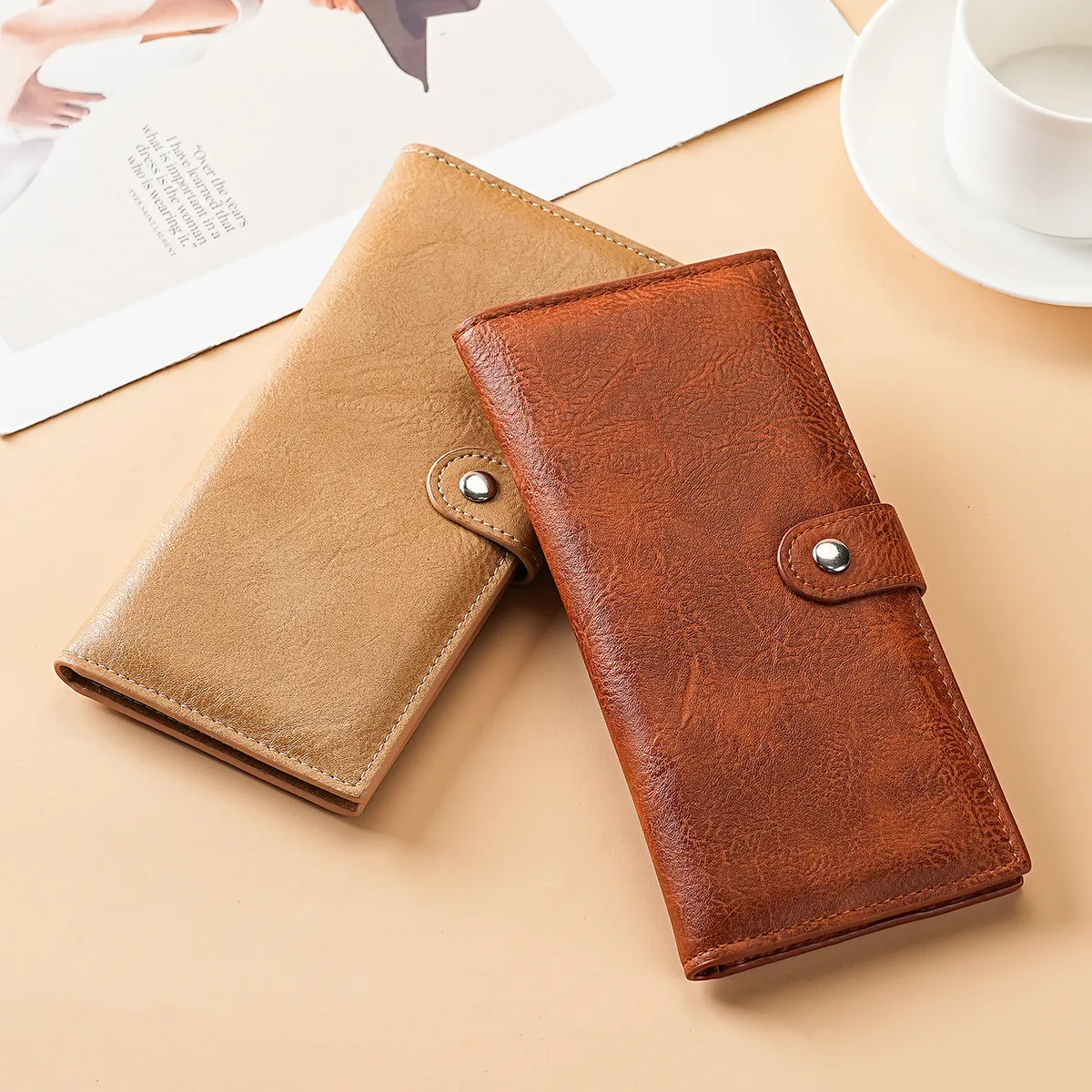 Women'S Fashion Simple Solid Color Long Two-Fold Zipper Multi-Card Wallet