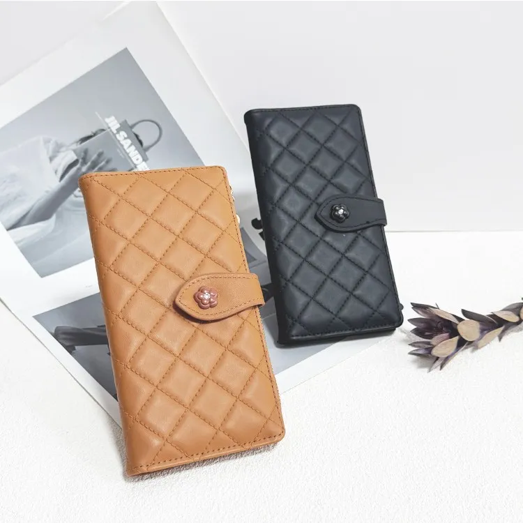Women Fashion Casual Solid Color Lingge Camellia Card Long Wallet