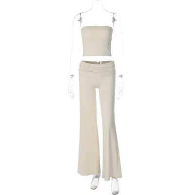 Women Fashion Sexy Solid Color Tube Top Slim-Fit Pants Two-Piece Set