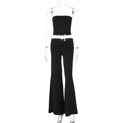 Women Fashion Sexy Solid Color Tube Top Slim-Fit Pants Two-Piece Set