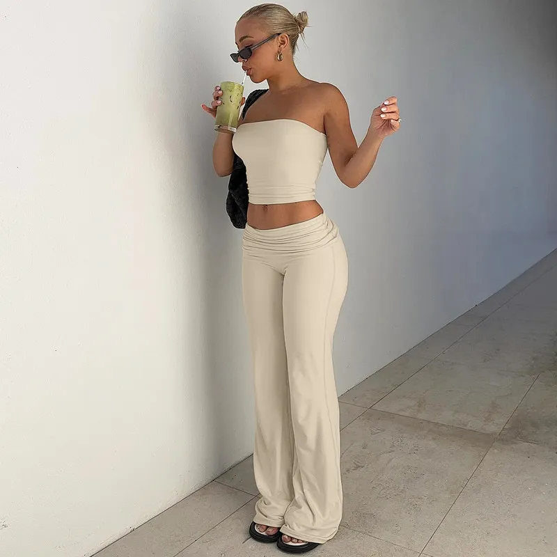 Women Fashion Sexy Solid Color Tube Top Slim-Fit Pants Two-Piece Set
