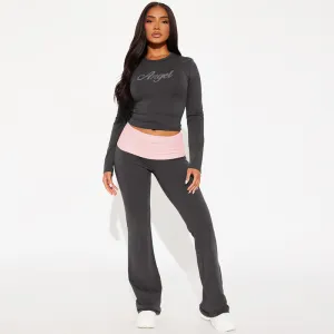 Women Fashion Color Contrast Round Neck Long Sleeve T-Shirt Flared Pants Two-Piece Set