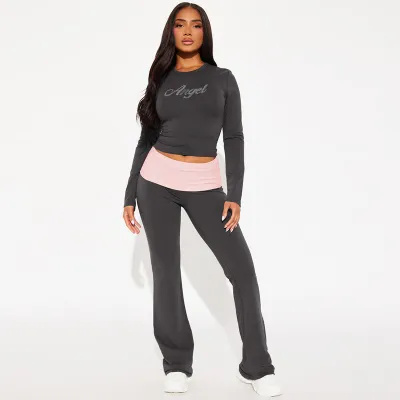 Women Fashion Color Contrast Round Neck Long Sleeve T-Shirt Flared Pants Two-Piece Set