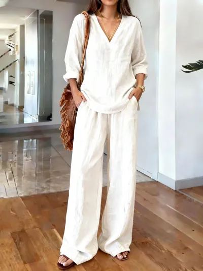 Women Fashion Casual Solid Color V-Neck Long-Sleeve Blouse Loose Pants Two-Piece Set