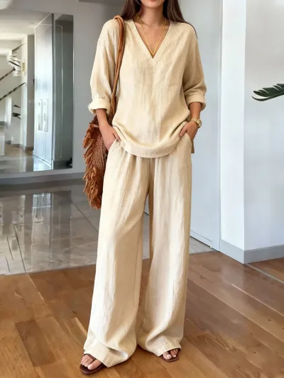 Women Fashion Casual Solid Color V-Neck Long-Sleeve Blouse Loose Pants Two-Piece Set