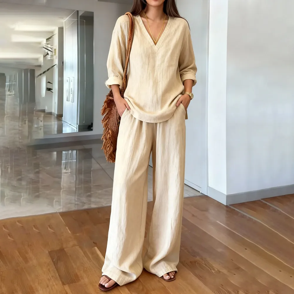 Women Fashion Casual Solid Color V-Neck Long-Sleeve Blouse Loose Pants Two-Piece Set