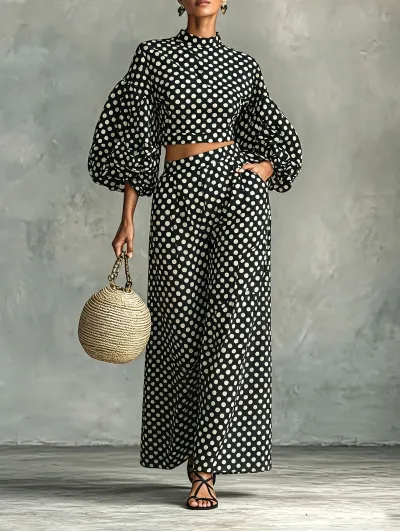 Women Fahion Casual Autumn Polka Dot Print Lantern Sleeve Crop Top High Waist Wide Leg Pants Two-Piece Set