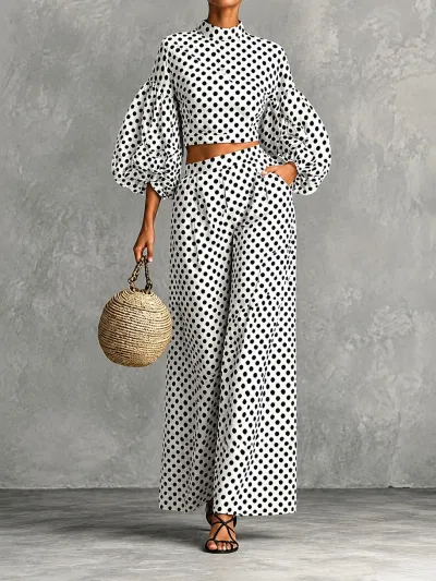 Women Fahion Casual Autumn Polka Dot Print Lantern Sleeve Crop Top High Waist Wide Leg Pants Two-Piece Set