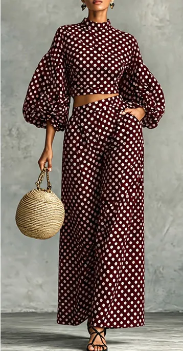 Women Fahion Casual Autumn Polka Dot Print Lantern Sleeve Crop Top High Waist Wide Leg Pants Two-Piece Set