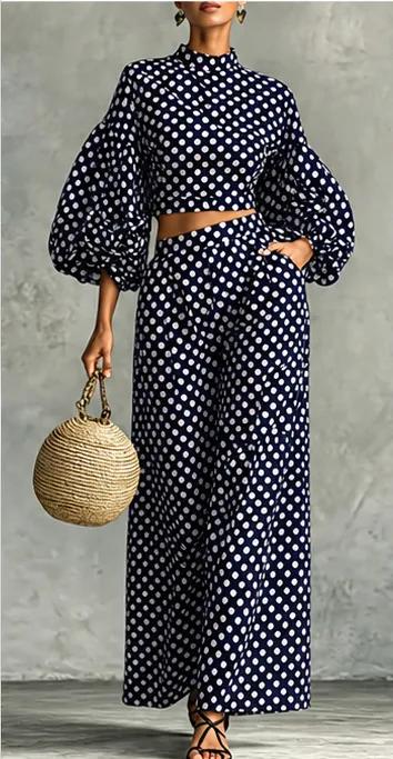 Women Fahion Casual Autumn Polka Dot Print Lantern Sleeve Crop Top High Waist Wide Leg Pants Two-Piece Set