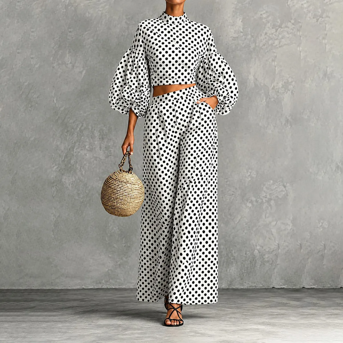 Women Fahion Casual Autumn Polka Dot Print Lantern Sleeve Crop Top High Waist Wide Leg Pants Two-Piece Set