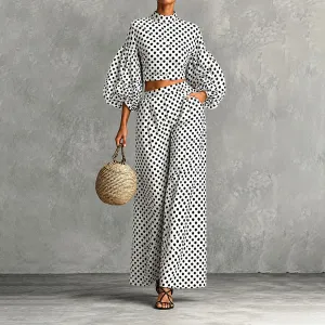 Women Fahion Casual Autumn Polka Dot Print Lantern Sleeve Crop Top High Waist Wide Leg Pants Two-Piece Set