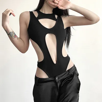 Women Fashion Sexy Solid Color Hollow-Out Stitching Slim-Fit Bodysuits