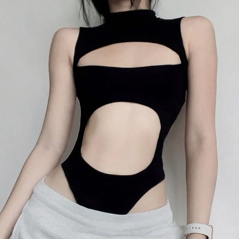 Women Fashion Sexy Summer Solid Color Hollow-Out Irregular Sleeveless Bodysuits