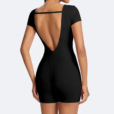 Women Fashion Solid Color Tight Short-Sleeve Backless Sports Yoga Rompers