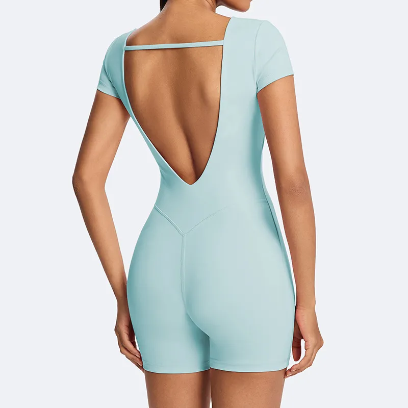 Women Fashion Solid Color Tight Short-Sleeve Backless Sports Yoga Rompers