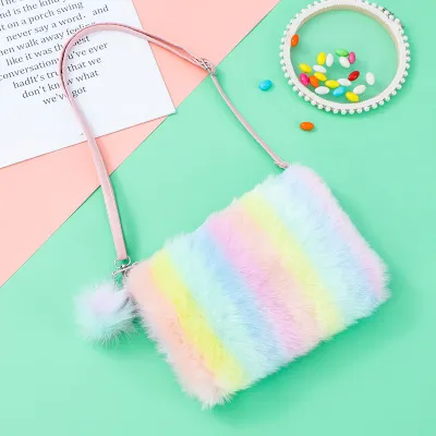 Kids Girls Fashion Casual Rainbow Plush Shoulder Bag