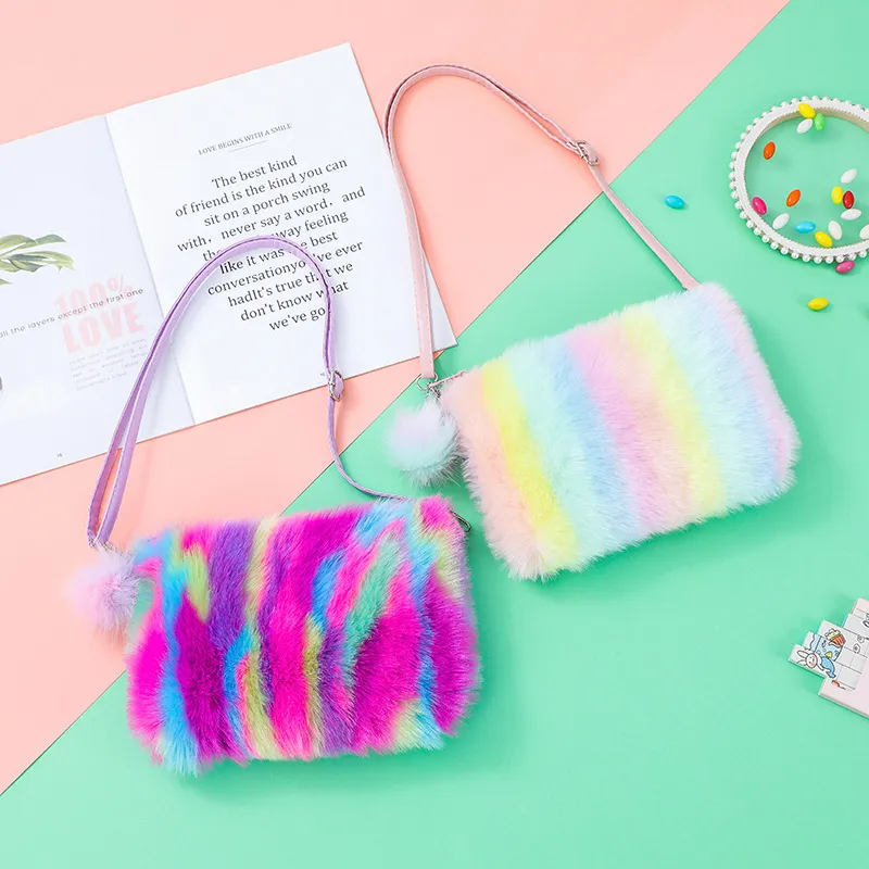 Kids Girls Fashion Casual Rainbow Plush Shoulder Bag