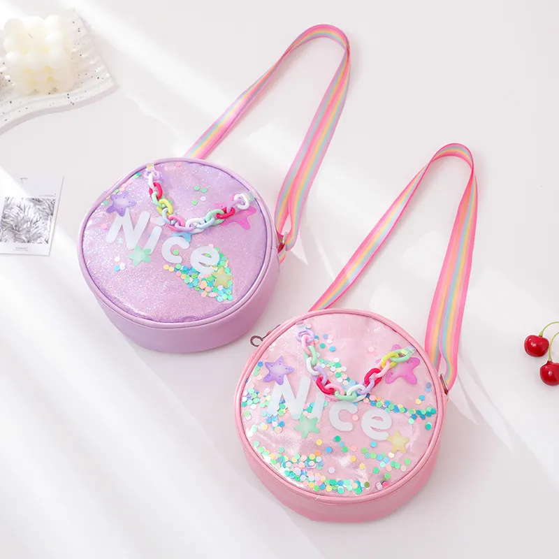 Kids Girls Fashion Cartoon Round-Shaped Sequins Ribbon Shoulder Bag