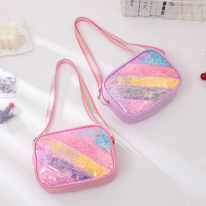 Kids Girls Fashion Cute Sequins Ribbon Rainbow Crossbody Bag