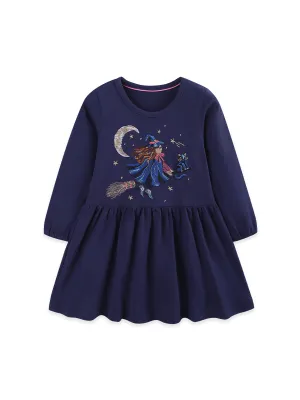 Kids Girls Fashion Casual Autumn Witch Embroidered Cotton Round Neck Long Sleeve Loose Dress