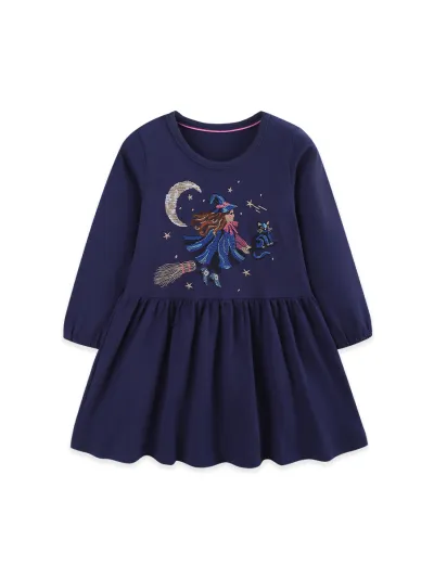 Kids Girls Fashion Casual Autumn Witch Embroidered Cotton Round Neck Long Sleeve Loose Dress