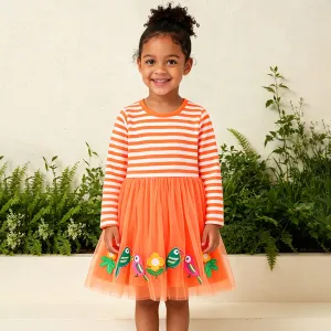 Kids Girls Fashion Cute Autumn Stripe Mesh Round Neck Long-Sleeve Loose Dress