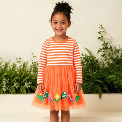 Kids Girls Fashion Cute Autumn Stripe Mesh Round Neck Long-Sleeve Loose Dress