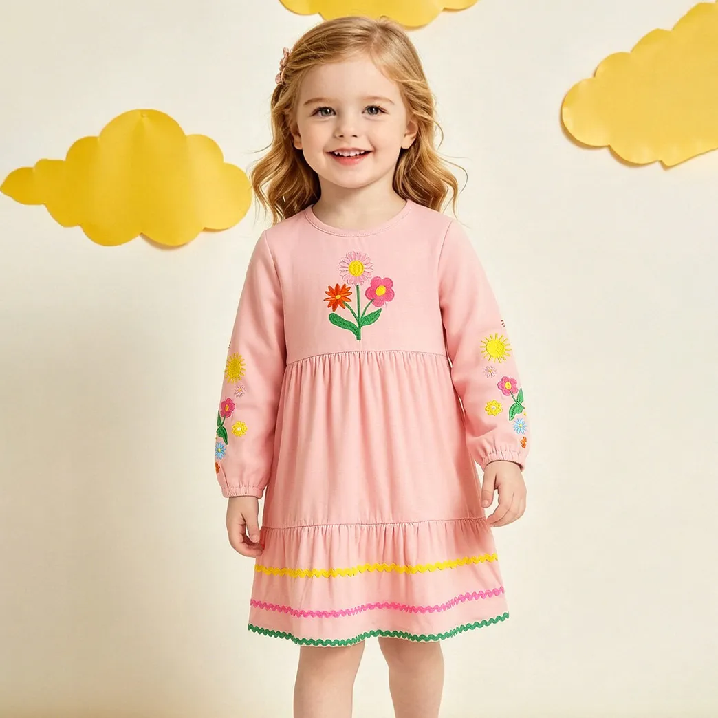 Kids Girls Fashion Cute Flower Embroidered Long Sleeve Loose Dress