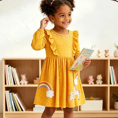 Kids Girls Fashion Cute Autumn Unicorn Embroidered Long Sleeve Loose Dress
