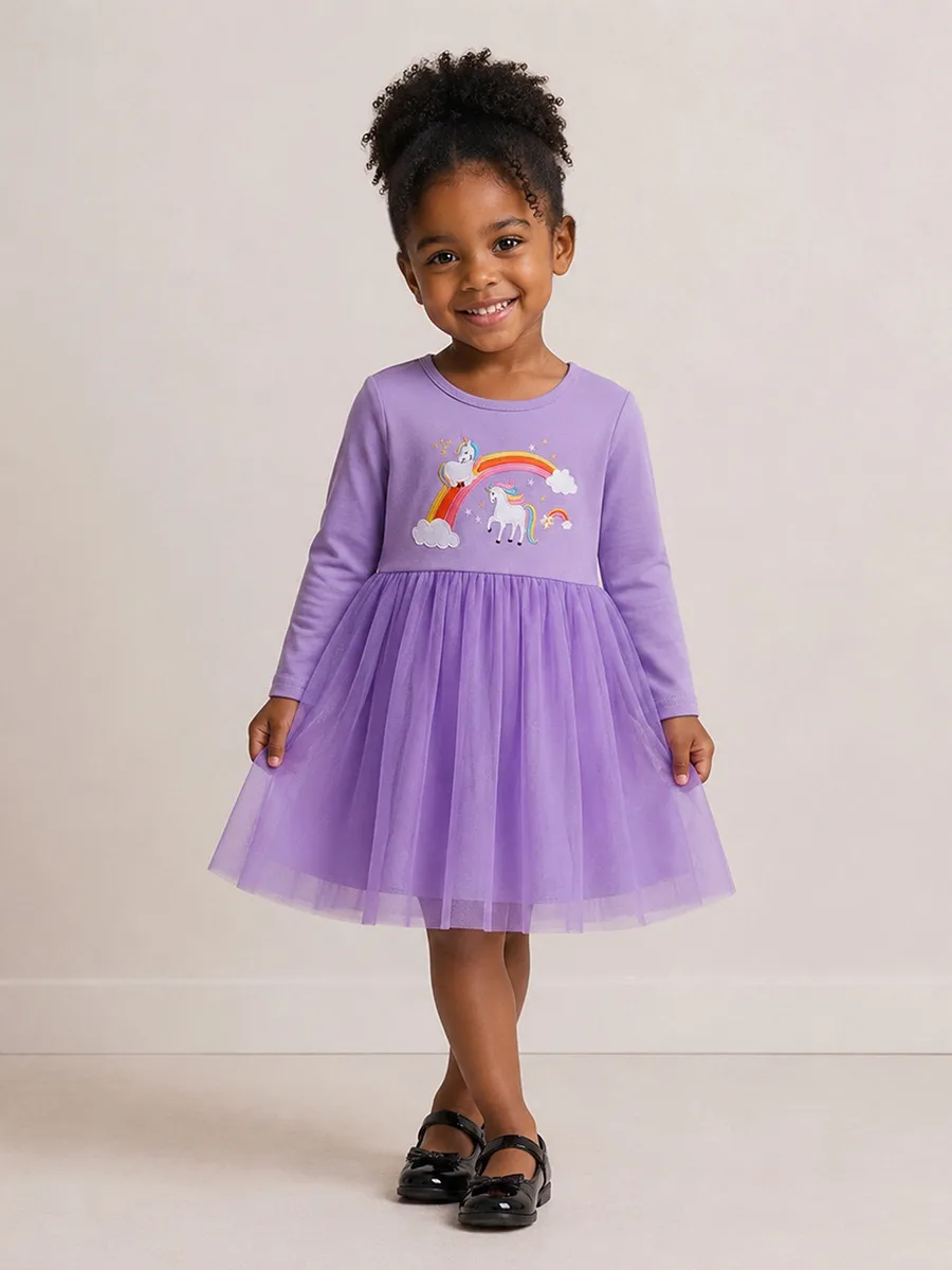 Kids Girls Fashion Cute Rainbow Unicorn Printed Long-Sleeve Mesh Dress