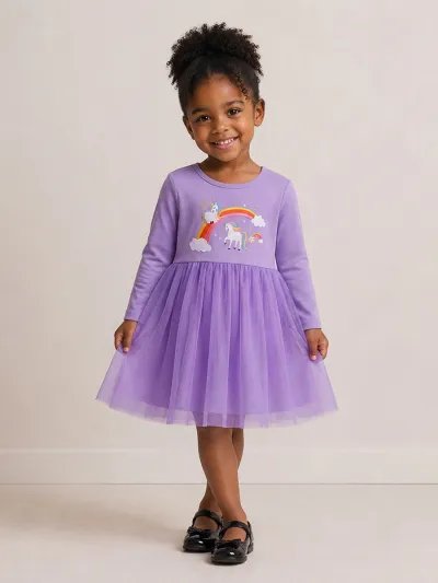 Kids Girls Fashion Cute Rainbow Unicorn Printed Long-Sleeve Mesh Dress