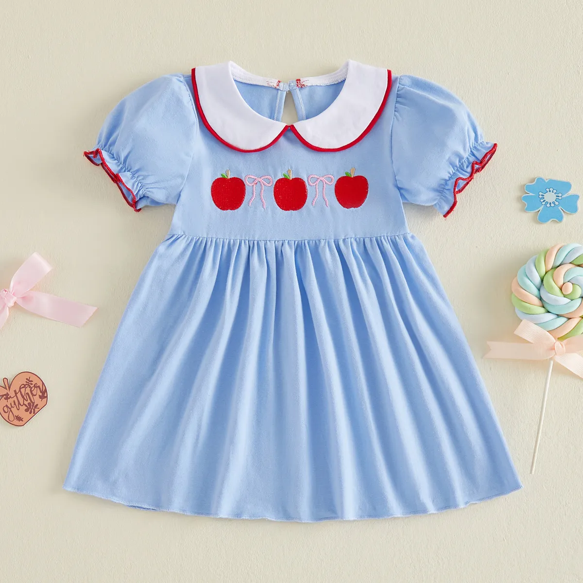 Kids Girls Fashion Casual Apple Embroidery Short Puff Sleeve Dress