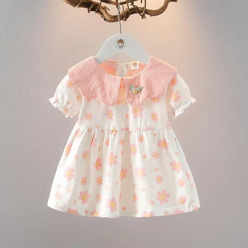 Kids Baby Girls' Fashion Cute Summer Flower Printed Lapel Short-Sleece Dress