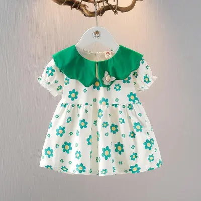 Kids Baby Girls' Fashion Cute Summer Flower Printed Lapel Short-Sleece Dress