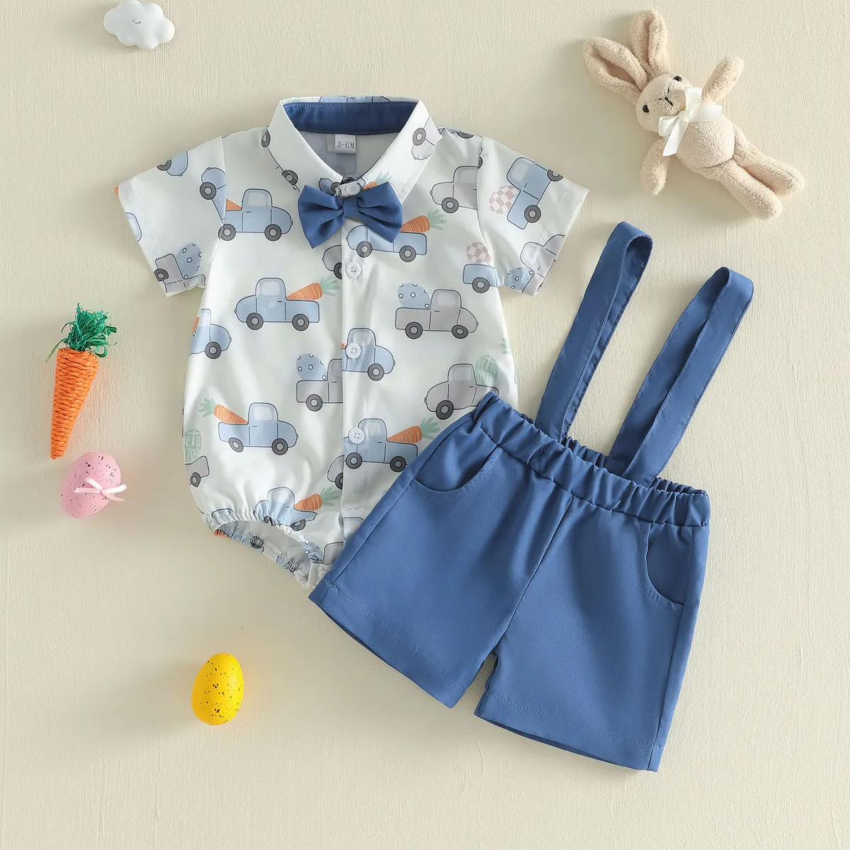 Kids Baby Boys' Fashion Casual Printed Lapel Short-Sleeved Hasson Rompers Overalls Two-Piece Set