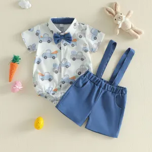 Kids Baby Boys' Fashion Casual Printed Lapel Short-Sleeved Hasson Rompers Overalls Two-Piece Set