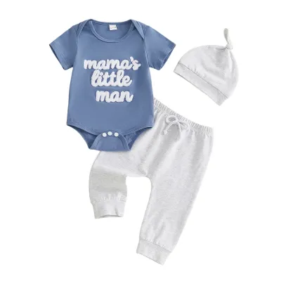Kids Baby Boys Fashion Casual Summer Cotton Letter Embroidered Short-Sleeve Rompers Pants Hat Three-Piece Set