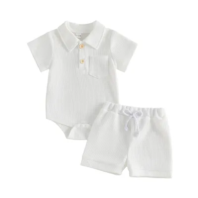 Kids Baby Boys Fashion Casual Summer Solid Color Waffles Polo Collar Short-Sleeve Rompers Shorts Two-Piece Set