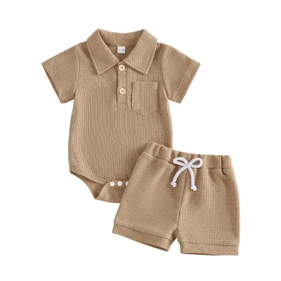 Kids Baby Boys Fashion Casual Summer Solid Color Waffles Polo Collar Short-Sleeve Rompers Shorts Two-Piece Set
