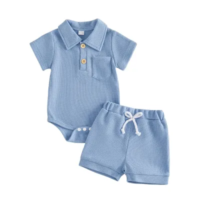 Kids Baby Boys Fashion Casual Summer Solid Color Waffles Polo Collar Short-Sleeve Rompers Shorts Two-Piece Set